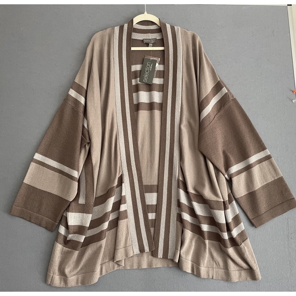 NWT Selection by Ulla Popken Women 28/30 Open Cardigan Taupe Stripe Thanksgiving